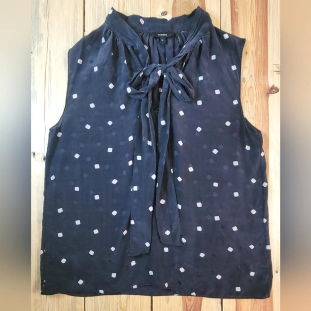 Theory Silk Scarf Diamond-Polka-Dot Sleeveless Charcoal Top